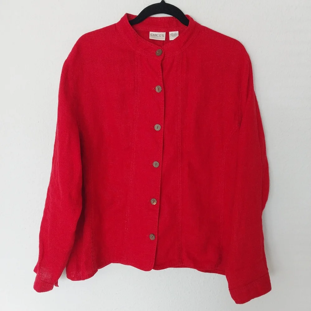 Chico's Red 100% Linen Long Sleeve Button Down Shacket NWOT.